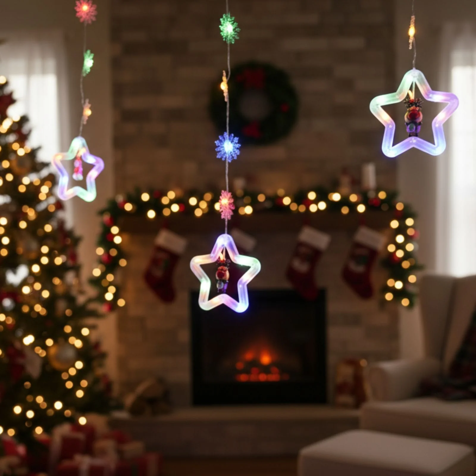 LED Weihnachtslichterkette 3m Sternen-Lichtervorhang mit Schneeflocken - Image 7