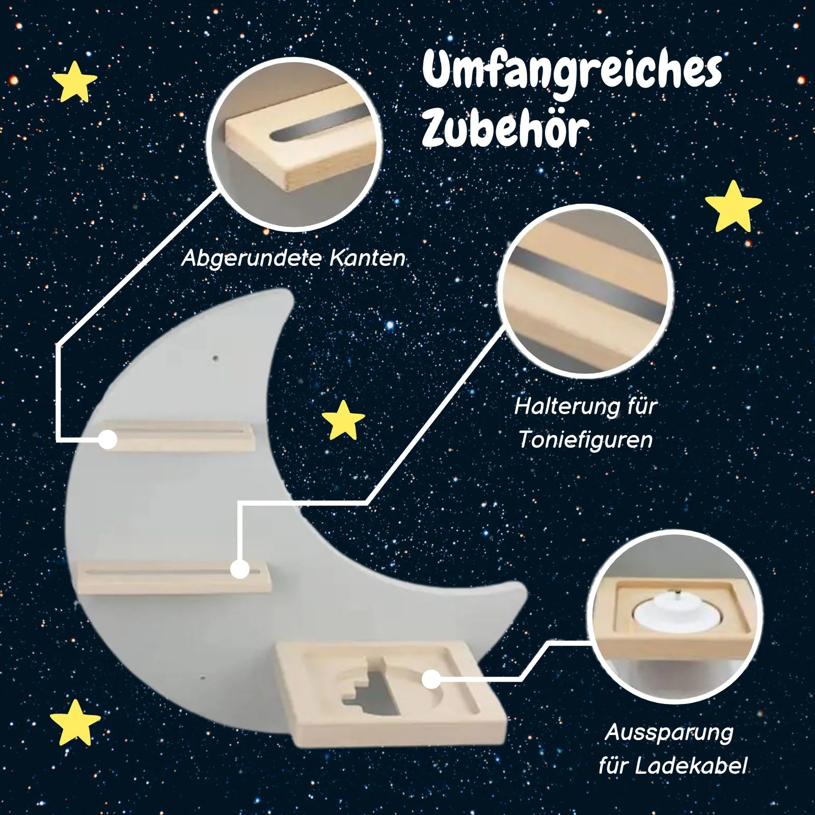 Mond & Sterne-Holzregal für Toniebox und Toniefiguren Spielzeug-Organizer Wandregal - Image 2