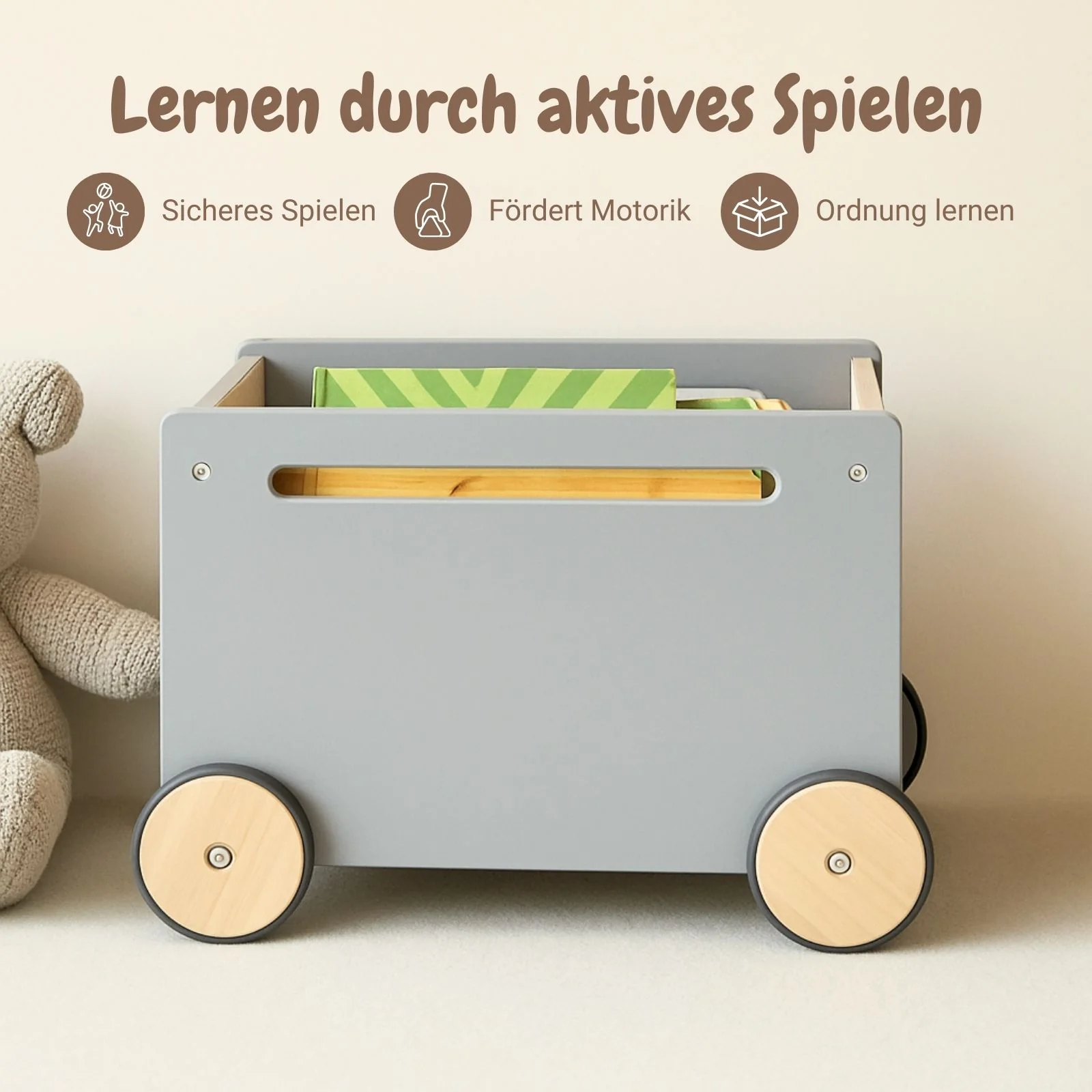 Spielzeugkiste auf Rollen Bücherkiste Spielzeugwagen Holz-Rollbox - Image 2