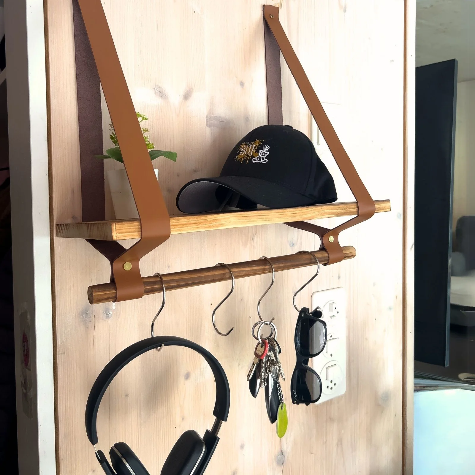 Wandregal 40cm mit Lederbändern und Holzstab Dekoregal Hängeregal - Image 2