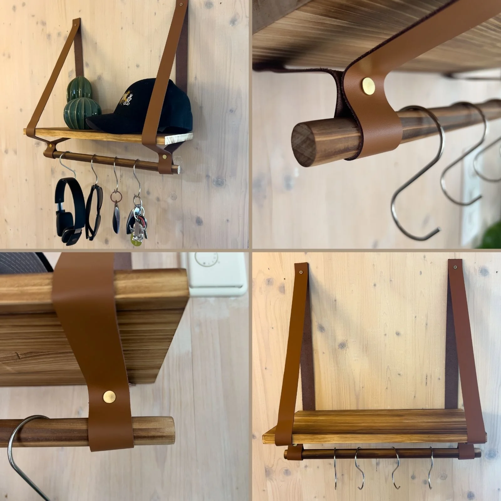 Wandregal 40cm mit Lederbändern und Holzstab Dekoregal Hängeregal - Image 4