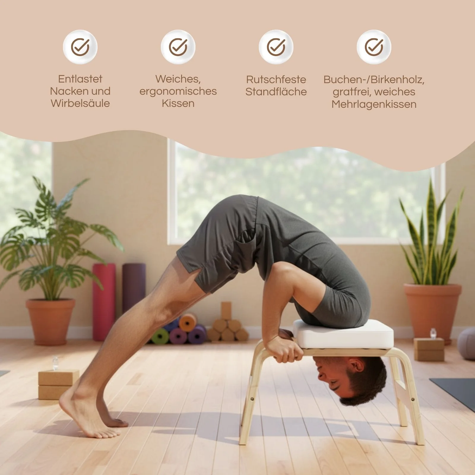 Yoga Kopfstandhocker aus Holz mit Kissen Übungshocker Fusshocker - Image 3